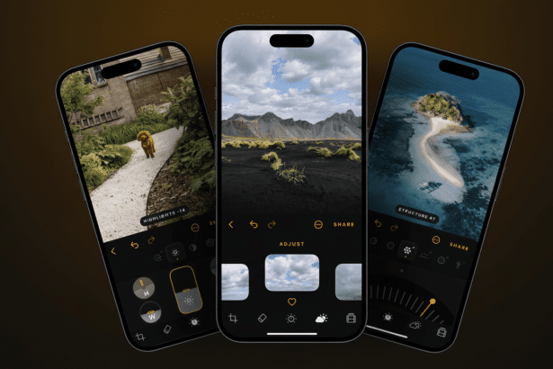 Three smartphones displaying an image editing app interface, with a dog on a path, a volcanic landscape, and a tropical island shown on their screens.