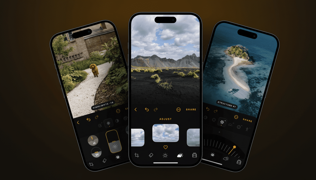 Three smartphones displaying an image editing app interface, with a dog on a path, a volcanic landscape, and a tropical island shown on their screens.
