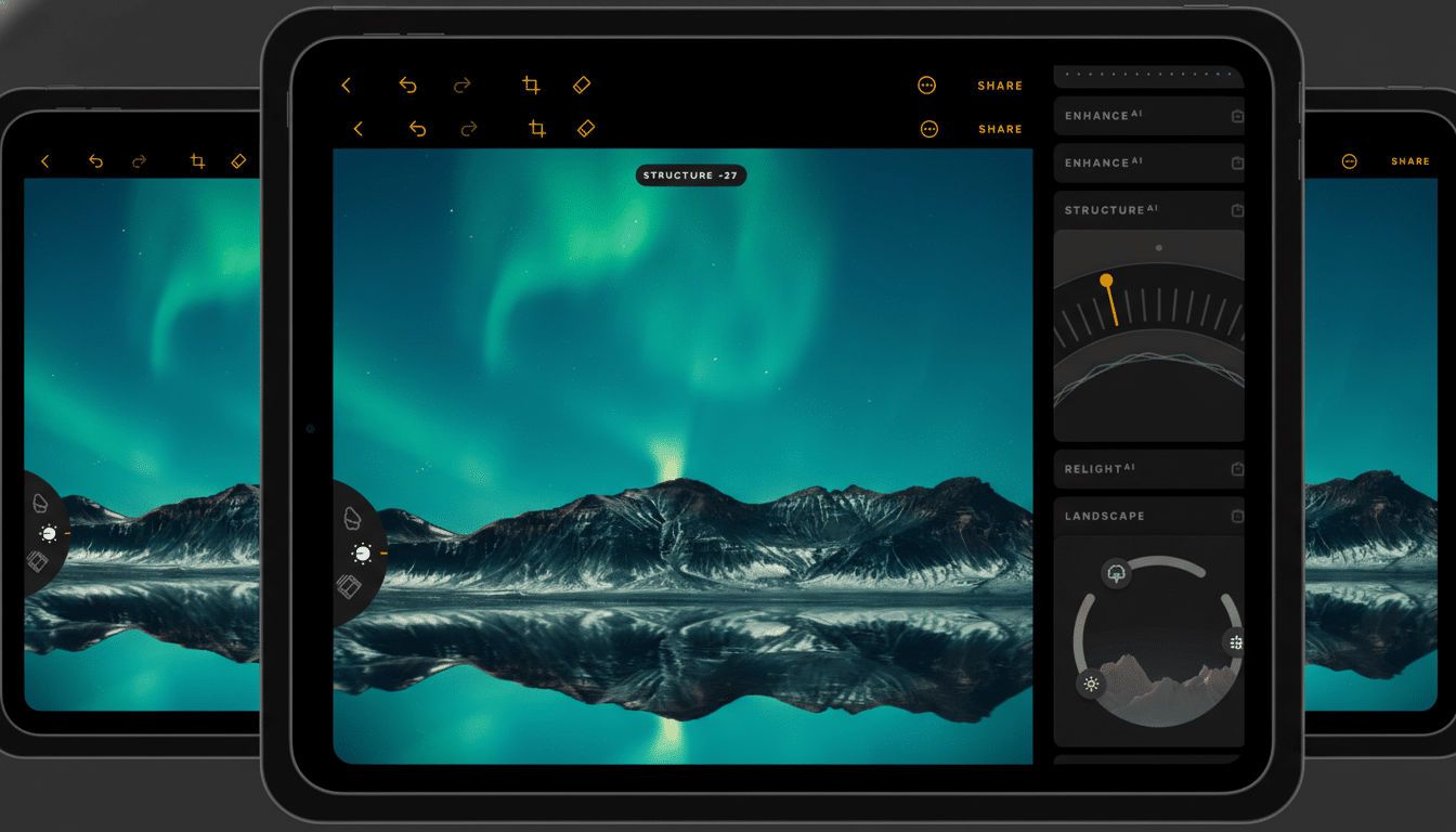 An image of a tablet displaying a photo of the aurora borealis over mountains and a lake, presented in a 16: 9 aspect ratio with a professional flat d