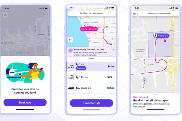 Three smartphone screens displaying the Lyft app interface, demonstrating the process of preordering a ride from LA X airport. The first screen shows