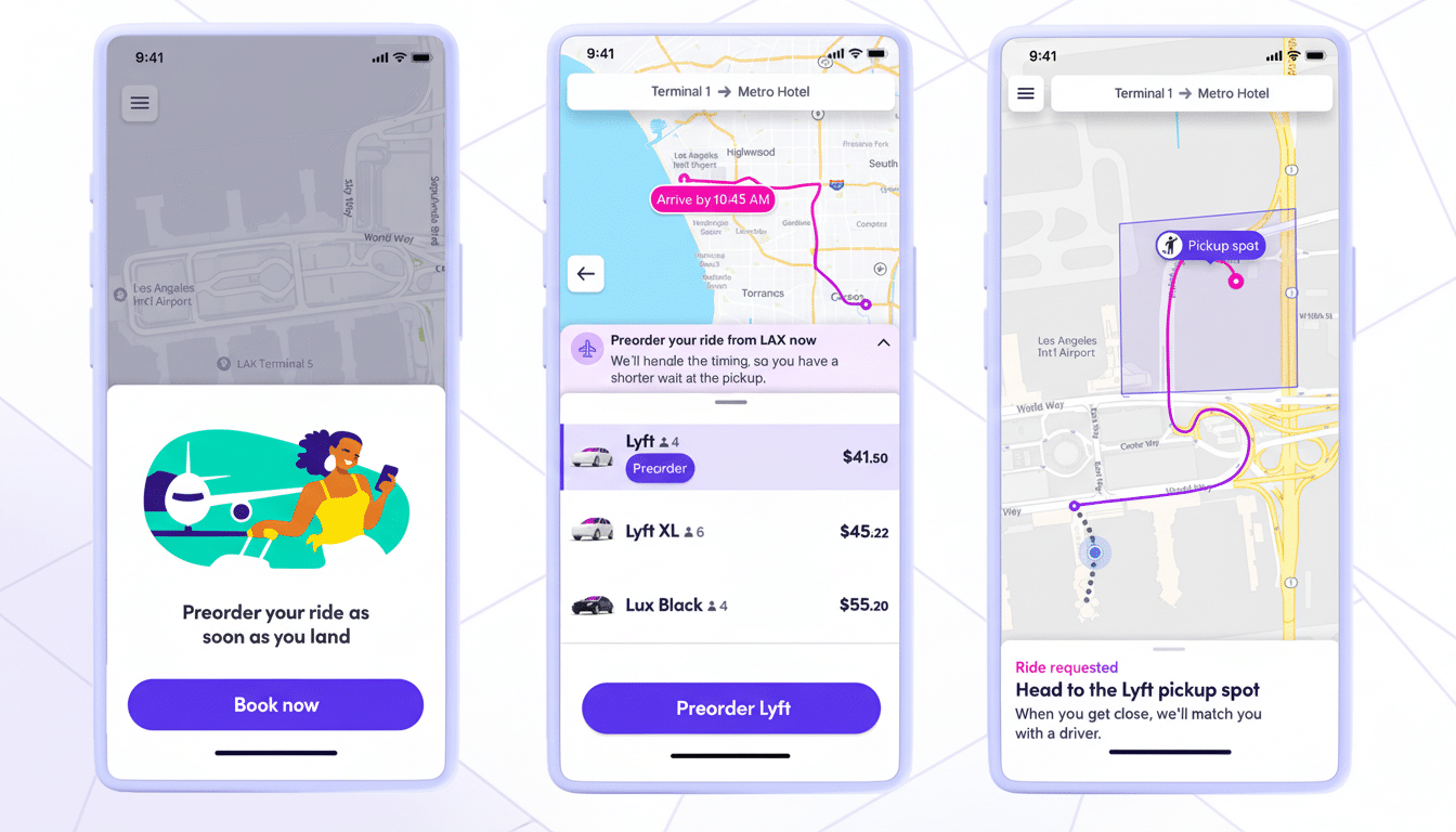 Three smartphone screens displaying the Lyft app interface, demonstrating the process of preordering a ride from LA X airport. The first screen shows