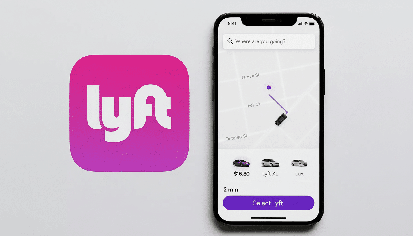 A 16: 9 aspect ratio image featuring the Lyft app icon on the left and a smartphone displaying the Lyft ride -sharing app on the right. The app shows