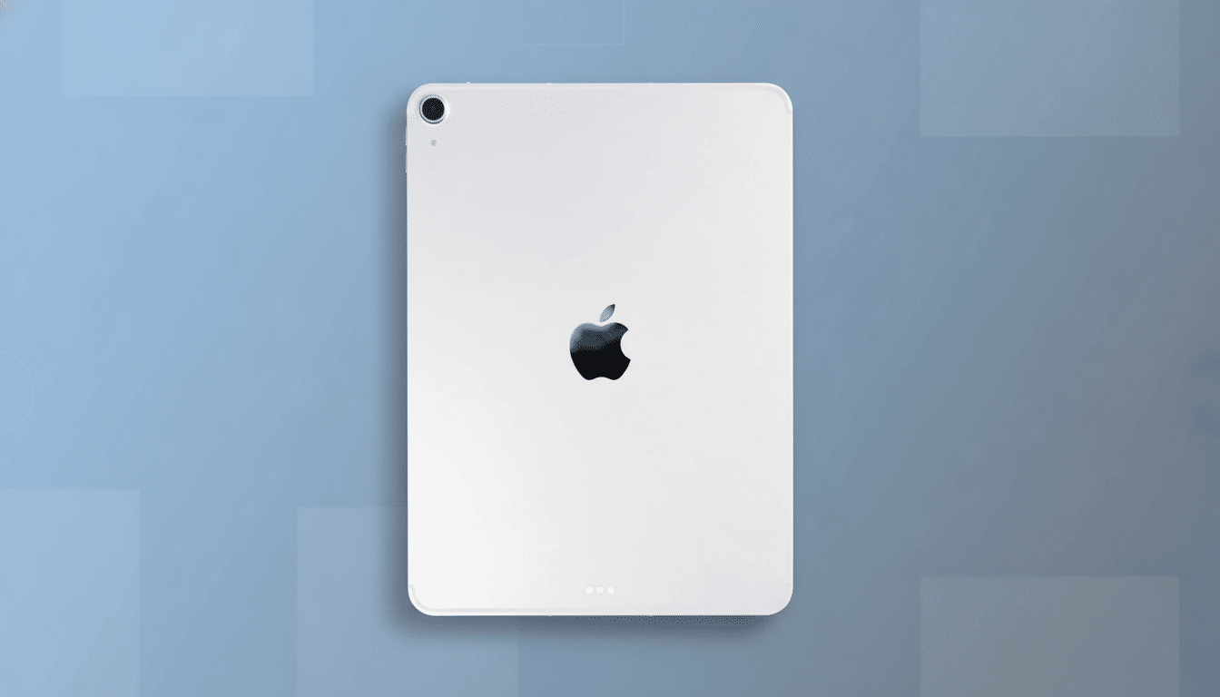A professional overhead shot of a silver iPad with the Apple logo on the back, centered on a blue background with subtle geometric patterns.