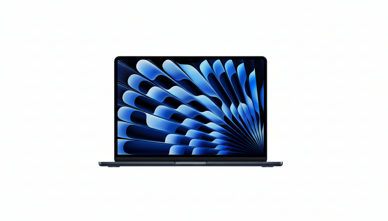 A dark blue laptop with a bright blue abstract wallpaper on the screen, presented on a white background, resized to a 16: 9 aspect ratio.