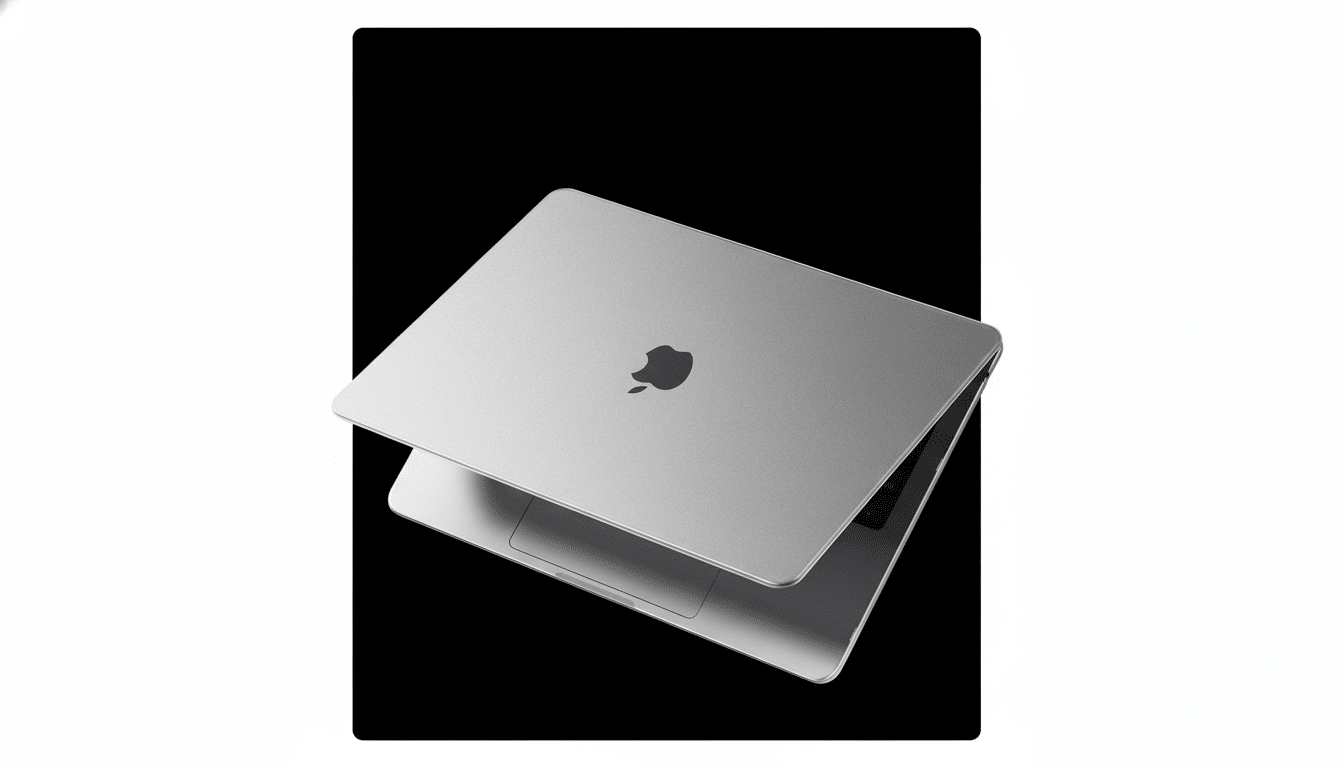 A professional shot of a silver MacBook laptop, partially open, with the Apple logo visible on the lid. The background is a clean white.