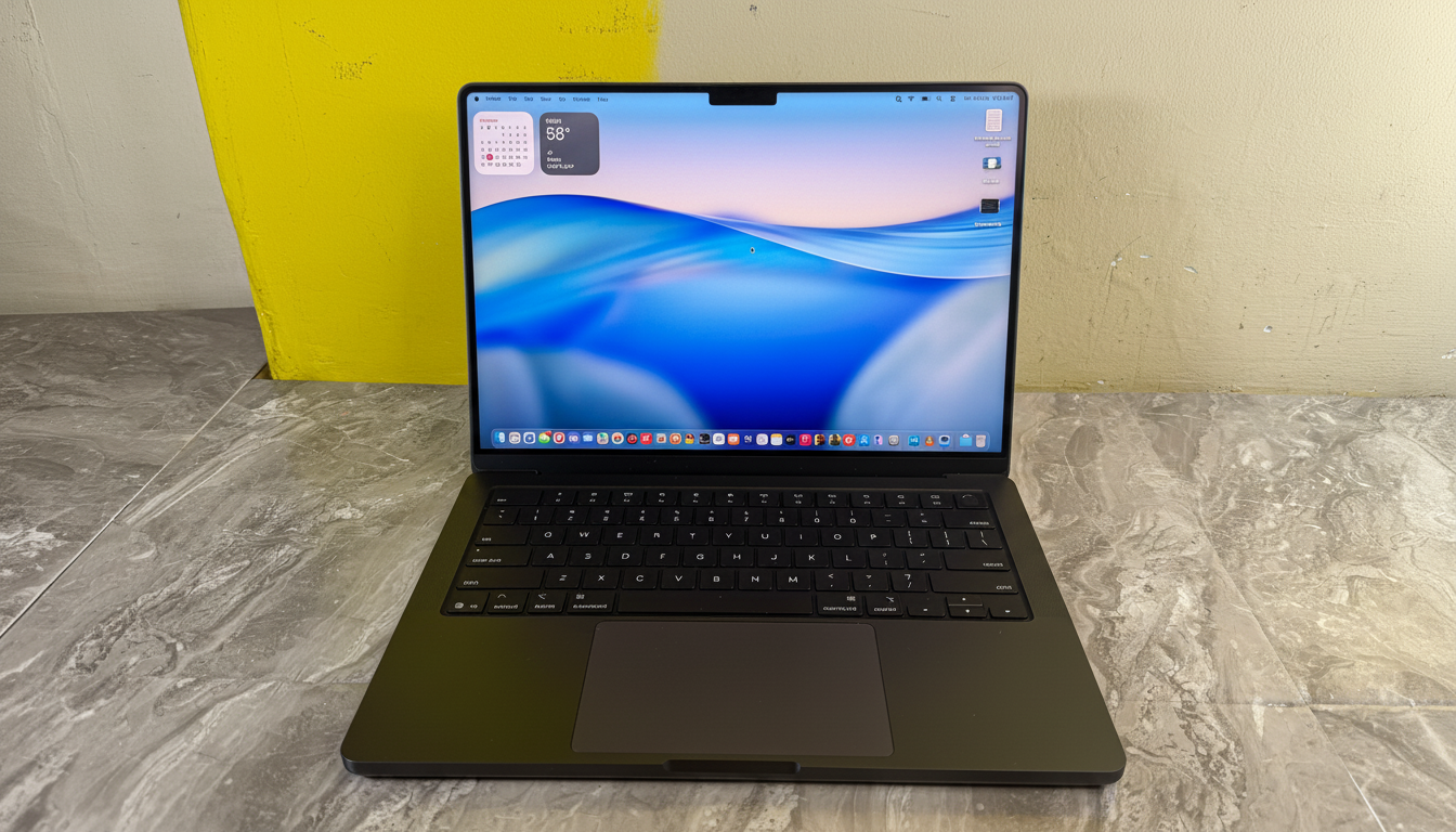 A MacBook Pro laptop with a blue and white wave-like desktop background, sitting on a gray marbled surface with a yellow wall behind it.