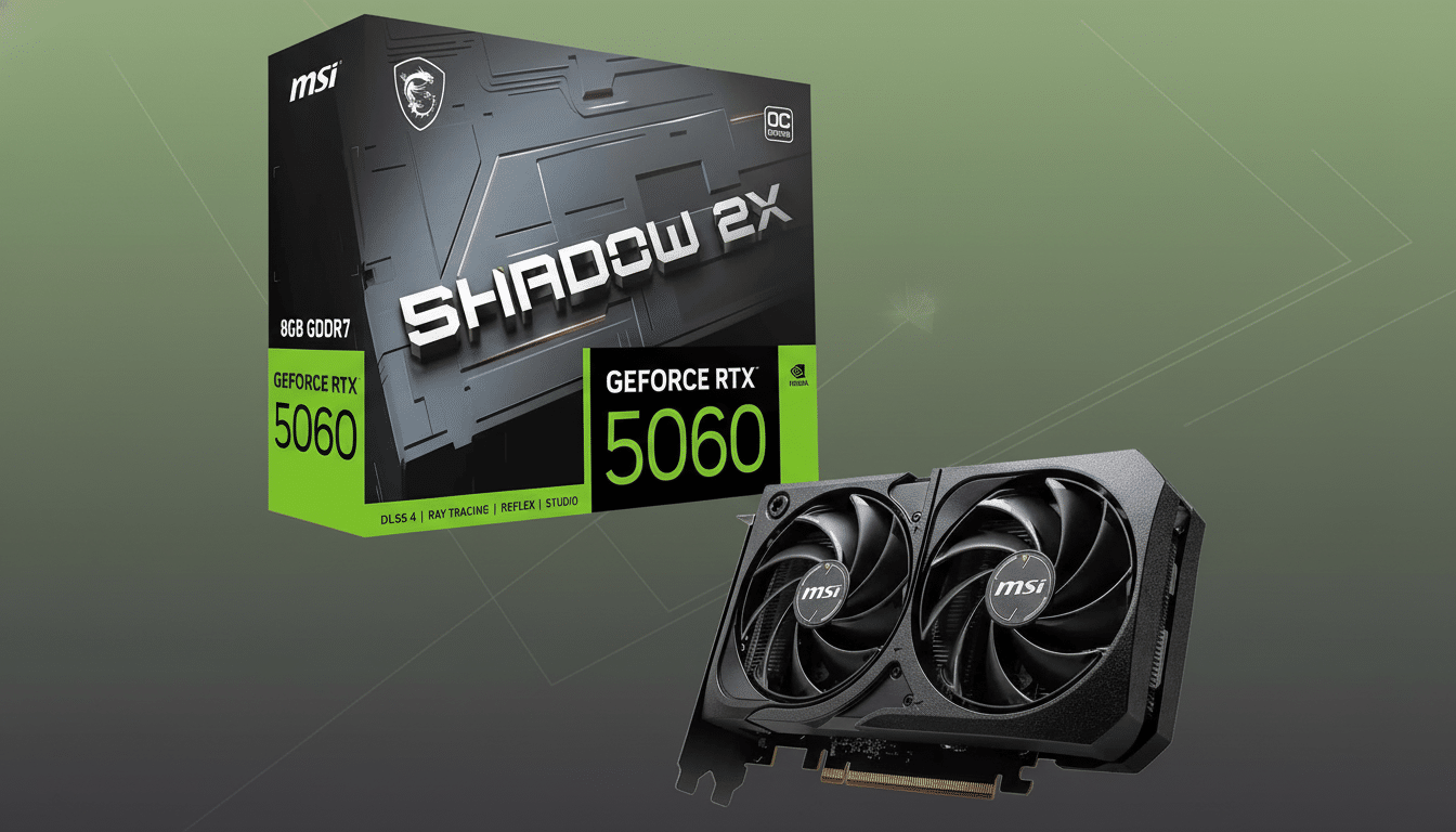 MSI GeForce RTX 50 60 graphics card and its packaging box presented on a professional flat design background with soft patterns.