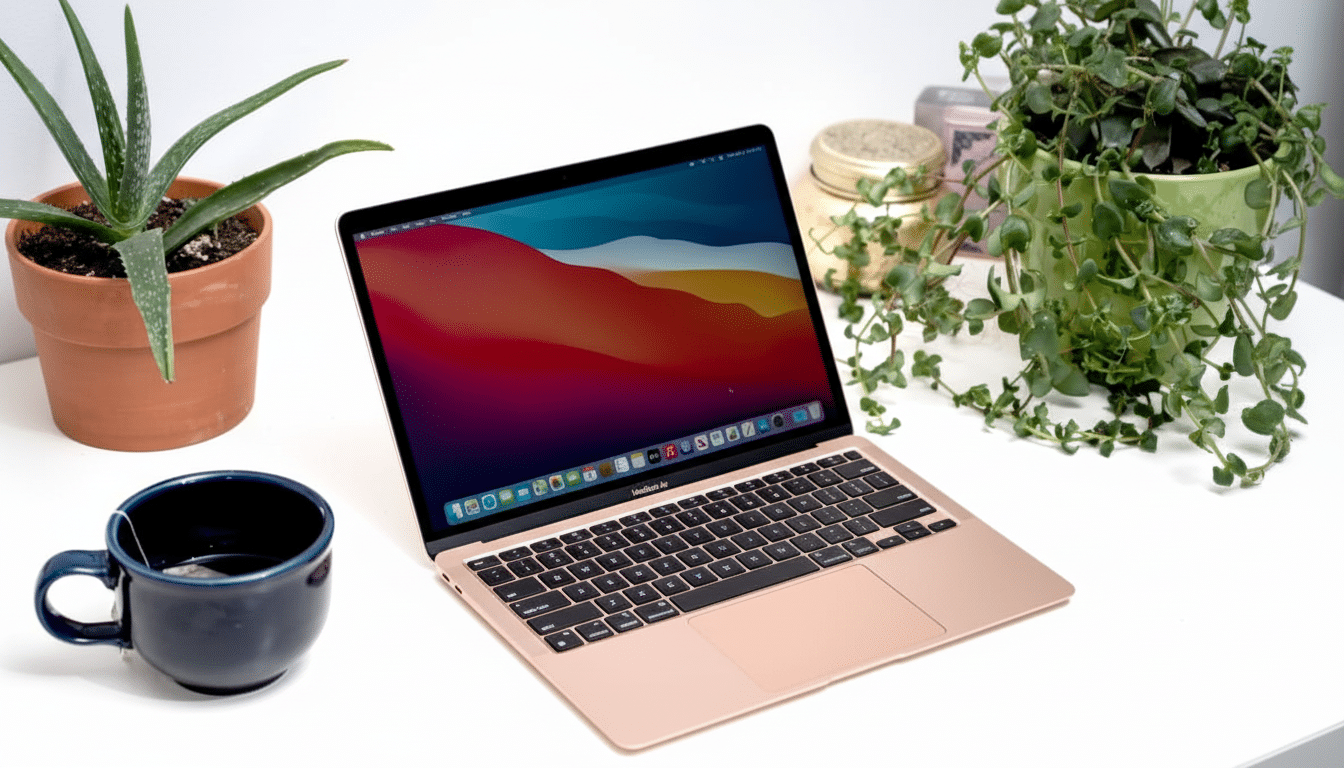 A gold MacBook Air with a colorful screen, a dark blue mug, and two potted plants on a white desk, resized to a 1 6: 9 aspect ratio.