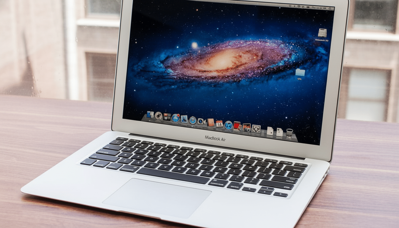 A MacBook Air laptop with a galaxy-themed wallpaper on its screen, sitting on a wooden desk .