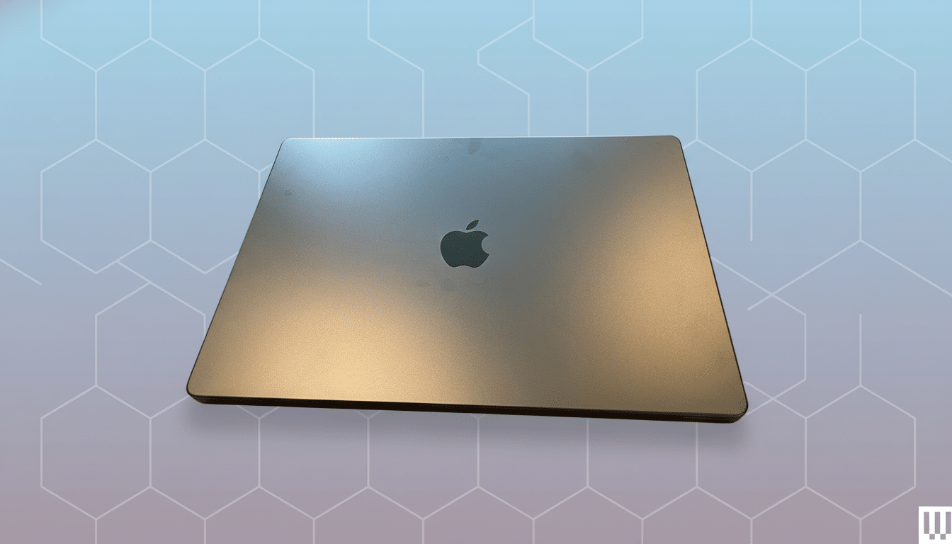 A closed silver MacBook laptop with an Apple logo, centered on a professional flat design background with a light blue and purple gradient and a subtle hexagonal pattern.