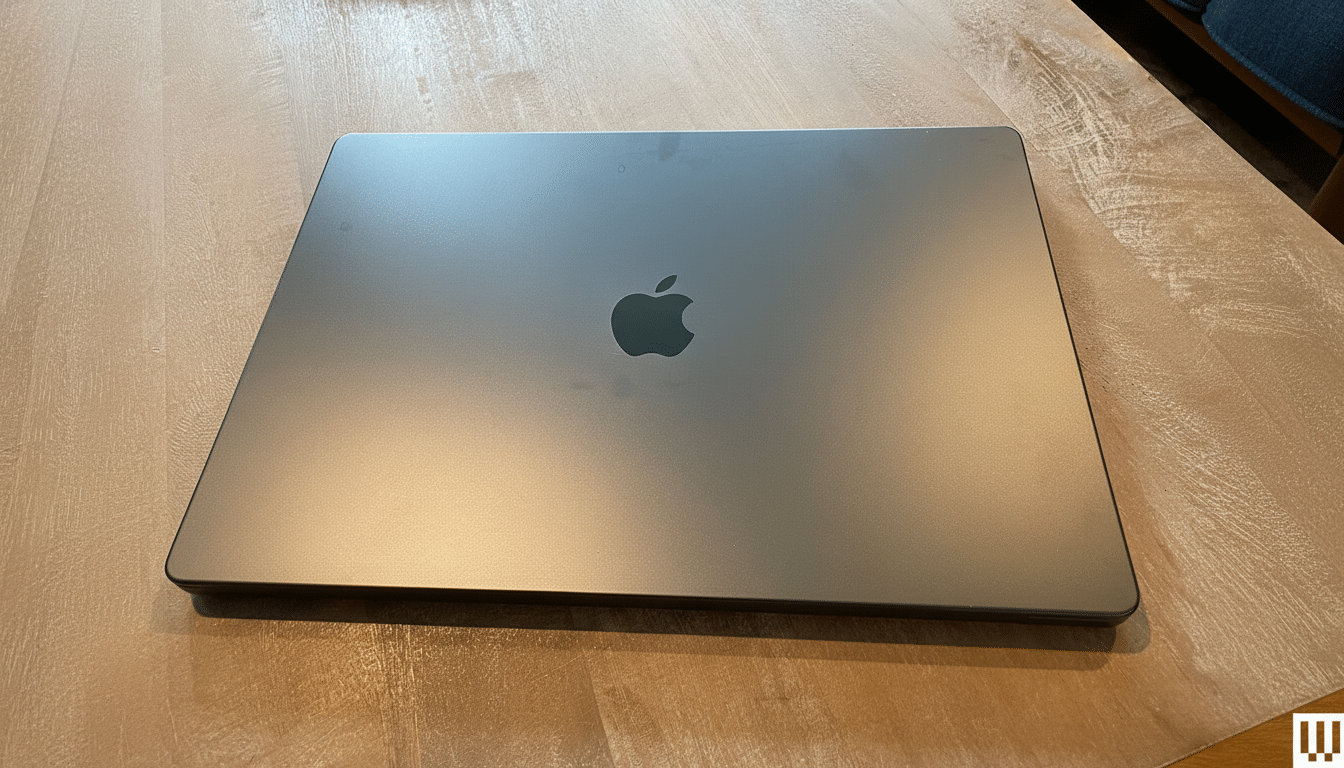 A professional shot of a closed silver MacBook laptop with the Apple logo visible on its lid , resting on a wooden table . The image is resized to a 16 :9 aspect ratio .