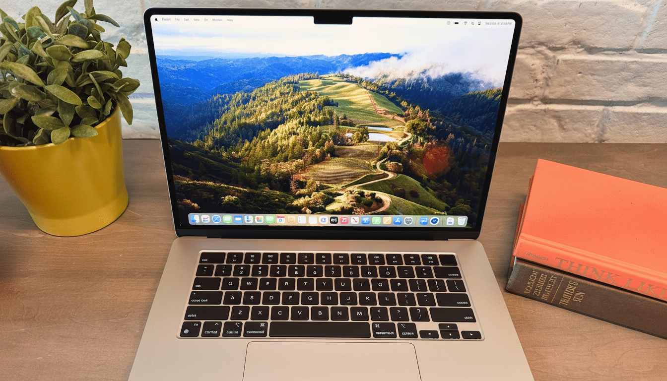 A professional shot of a silver MacBook Pro with a scenic landscape wallpaper, sitting on a wooden desk next to a yellow potted plant and two books. T