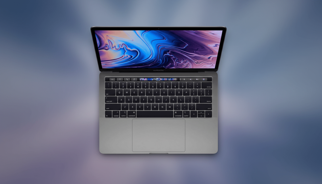 A silver MacBook Pro with its screen displaying a vibrant , abstract purple and blue wallpaper , set against a blurred background with soft purple and blue gradients.