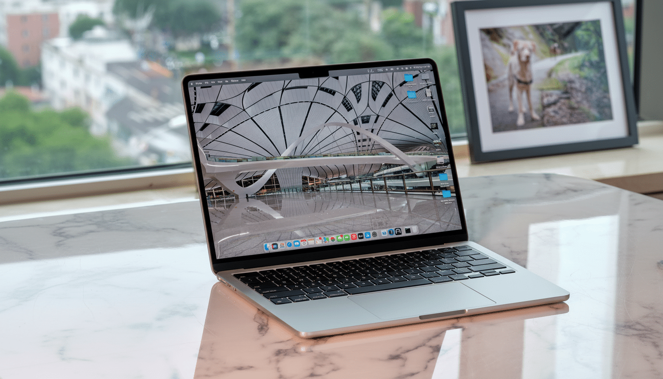 A silver MacBook Pro laptop displayed on a marble surface with a blurred outdoor background and a framed picture of a dog.