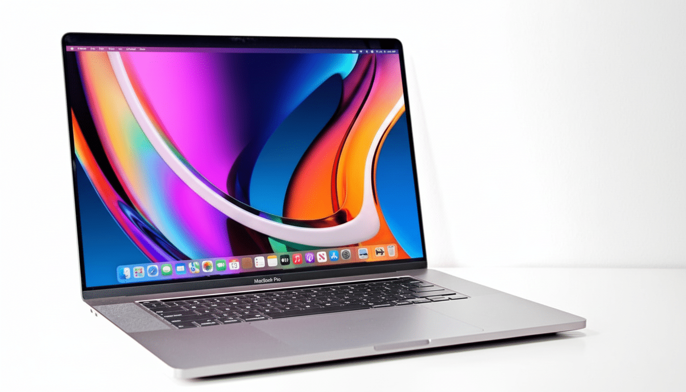 A professional shot of a silver MacBook Pro with a vibrant, colorful wallpaper displayed on its screen.