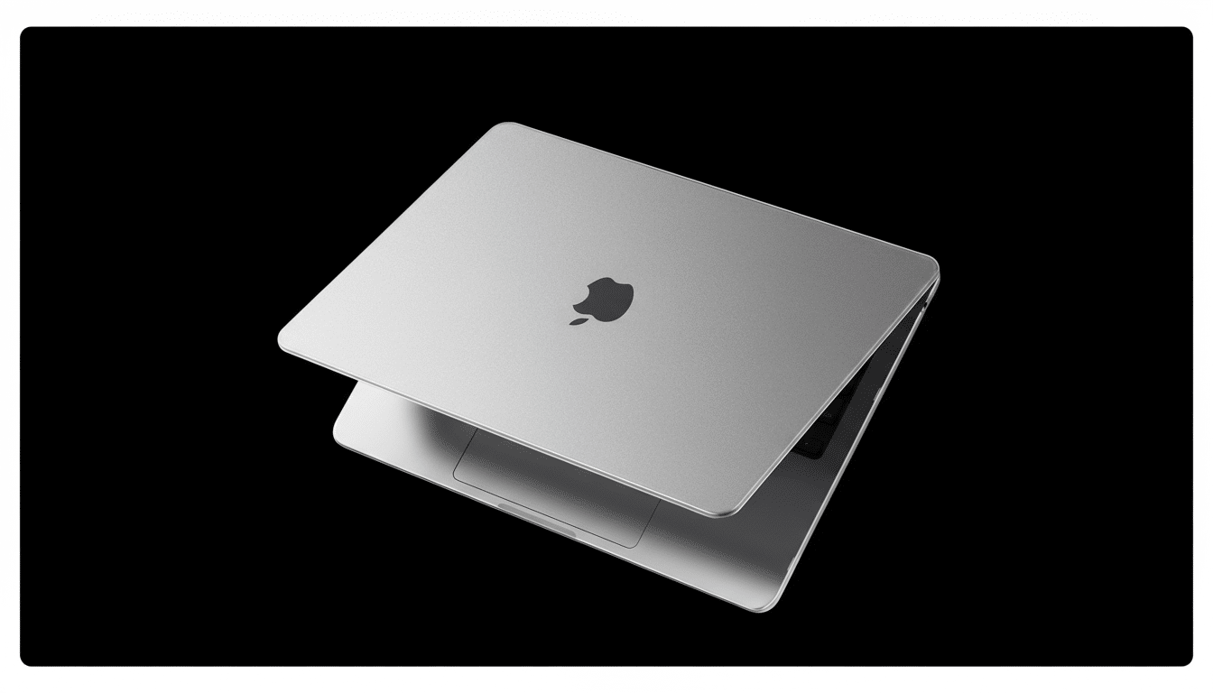 A professional shot of a silver MacBook laptop , slightly ajar, showcasing the Apple logo on its lid against a deep black background.