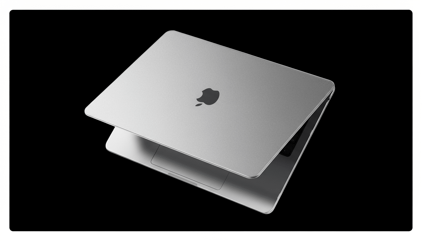 A silver MacBook with the lid slightly ajar, showcasing the Apple logo on a black background.