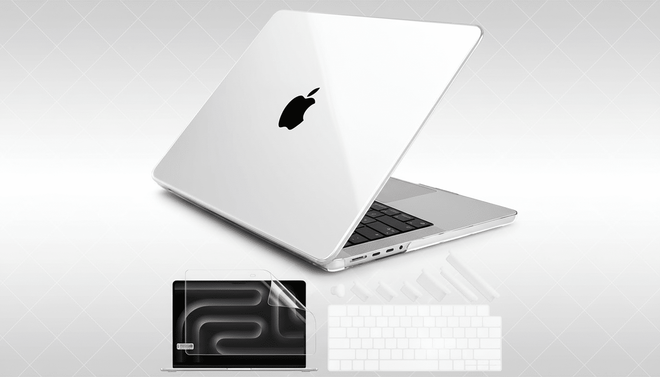 A clear protective case on a silver MacBook Pro, a screen protector on a display , and a clear keyboard cover, all set against a professional flat gray background with a subtle geometric pattern. Filename : mac bookpro case accessories.png