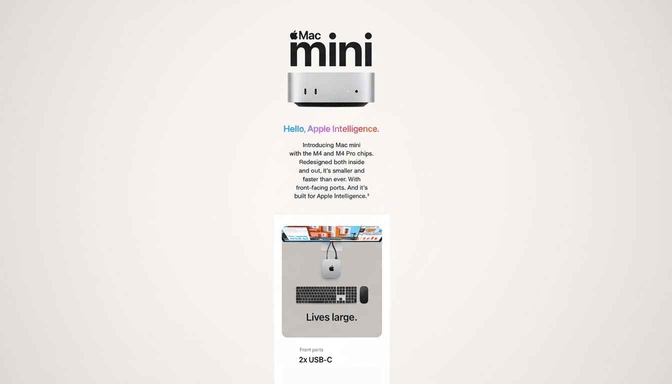 An advertisement for the Mac mini , showcasing the device , its features , and the tagline Hello, Apple Intelligence and Looks small . Lives large.