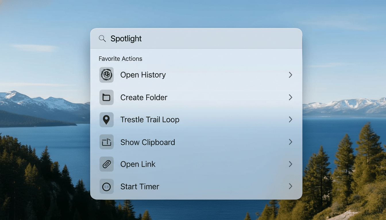 A screenshot of the macOS Spotlight search interface with a menu of Favorite Actions  superimposed over a scenic background of mountains , a lake , and pine trees. Filename : mac osspotlight favorite actions.png