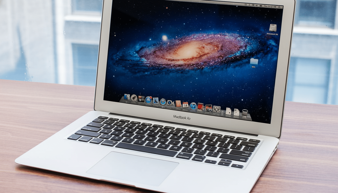 An open MacBook Air laptop on a wooden desk, displaying a galaxy wallpaper on its screen.