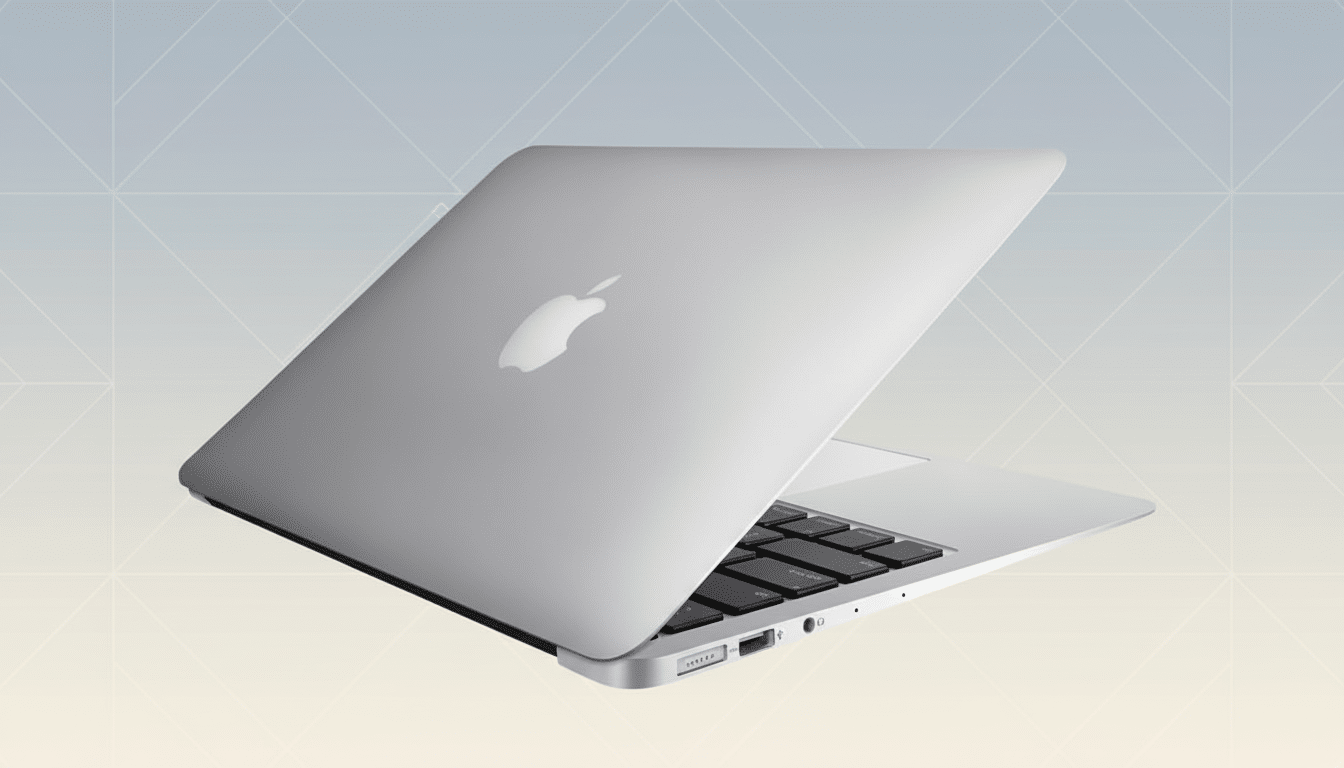 A silver Apple MacBook Air laptop shown at an angle, with the lid slightly open, on a soft gradient background with subtle geometric patterns.