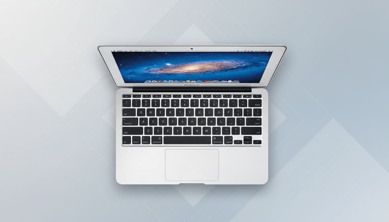 An overhead view of an open MacBook Air laptop, displaying a galaxy image on its screen, set against a professional grey background with subtle geometric patterns.