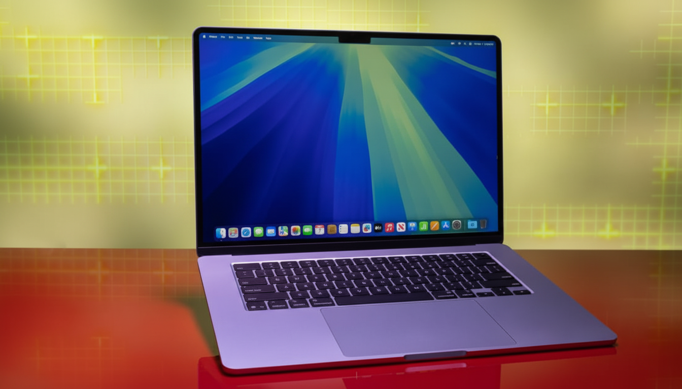 A silver MacBook Pro with a blue and green abstract wallpaper on its screen, sitting on a reflective red surface with a yellow grid background.