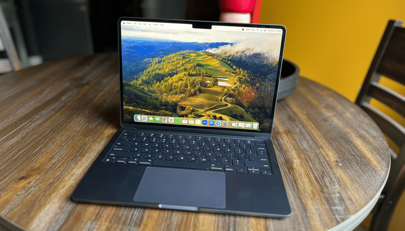 An open MacBook Air laptop on a wooden table, displaying a scenic wallpaper of rolling green hills and vineyards.