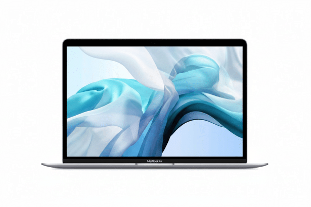 Silver MacBook Air laptop with a vibrant abstract blue and white background on its screen , set against a clean white professional background. Filename : macbook airwhite background 16 9.png
