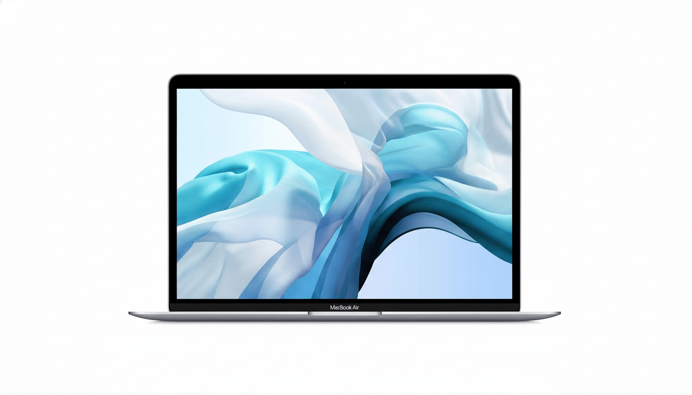 Silver MacBook Air laptop with a vibrant abstract blue and white background on its screen , set against a clean white professional background. Filename : macbook airwhite background 16 9.png