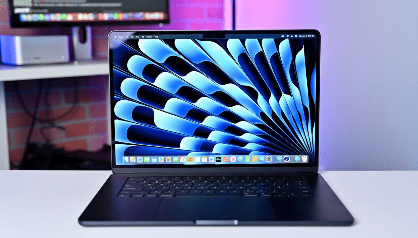 A dark gray MacBook laptop with a vibrant blue and black abstract wallpaper on the screen, set on a white desk with a blurred background showing a brick wall and another monitor .