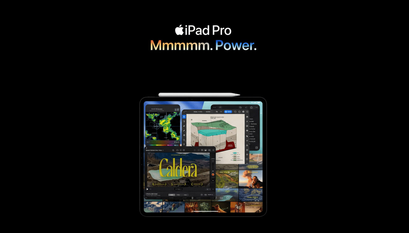 An advertisement for the iPad Pro, featuring the Apple logo, iPad Pro, and Mmmmmm. Power. at the top. Below , an iPad displays multiple app windows, including a weather radar , 3D topographical data , and video editing software. A white Apple Pencil rests on top of the iPad. The background is solid black. Filename : ipadpro advertisement. png