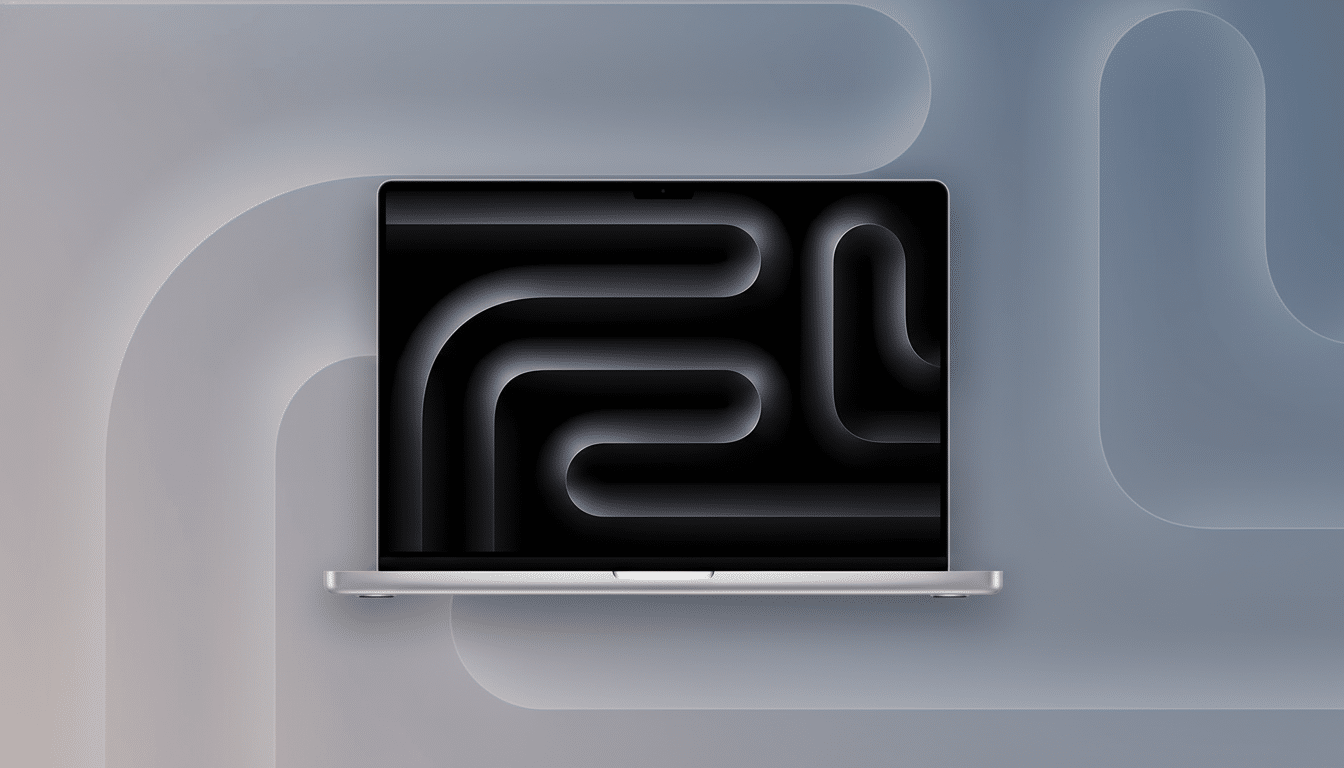 A silver MacBook Pro with a dark screen displaying a modern, minimalist grey - scale pattern, presented on a subtle flat design background with soft grey and blue gradient patterns. Filename : macbook pro16 9enhanced .png