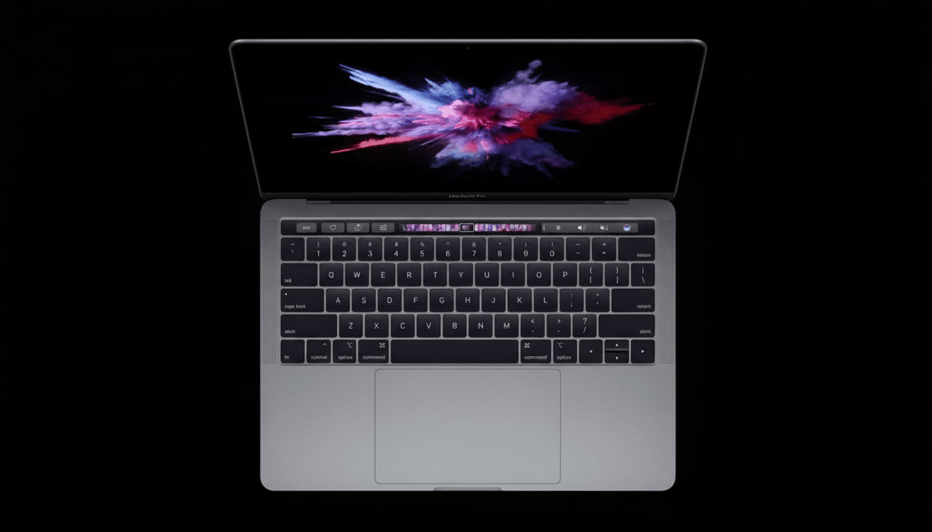 A professional overhead shot of a silver MacBook Pro with its screen displaying a vibrant , abstract explosion of pink , purple , and blue colors , set against a clean , dark background. Filename : macbook proabstract display .png