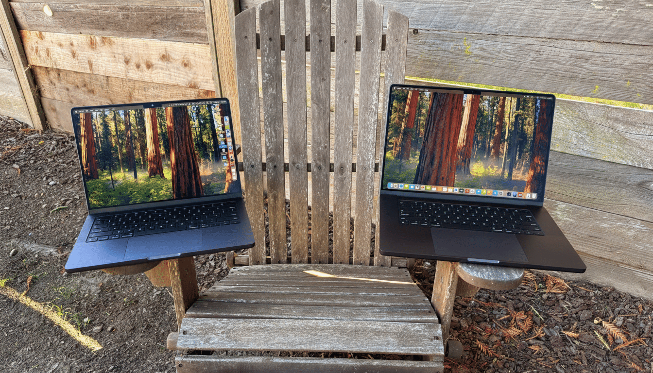 Two MacBook Pro laptops, one blue and one black, displayed on a wooden Adirond ack chair outdoors with a wooden fence background.