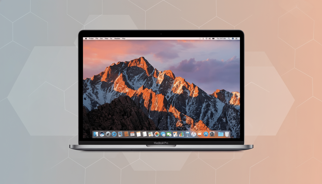 A silver MacBook Pro with a mountain range wallpaper on its screen, set against a professional flat design background with soft gray and orange gradie