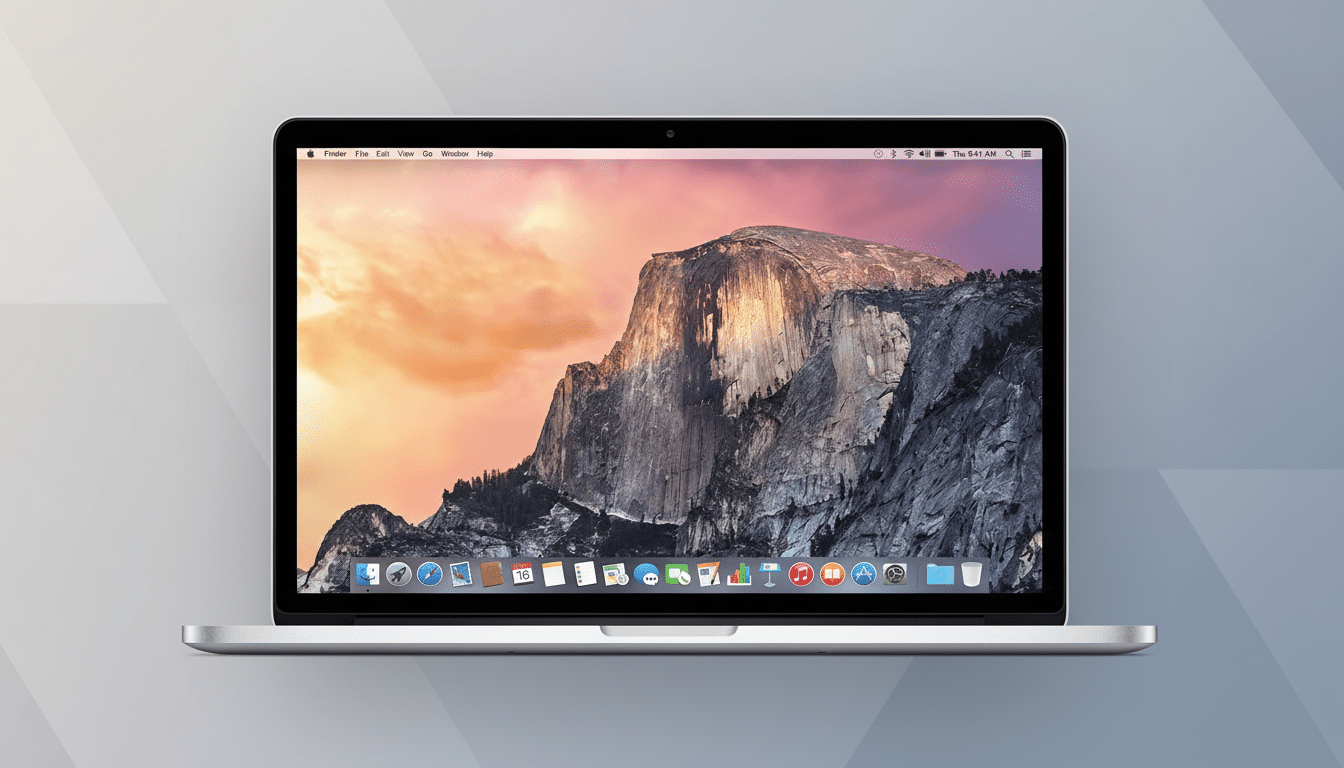 A professional shot of a MacBook laptop displaying the Yosemite desktop background, resized to a 16: 9 aspect ratio with a subtle grey gradient background. Filename : macbook y osemitedesktop professional .png