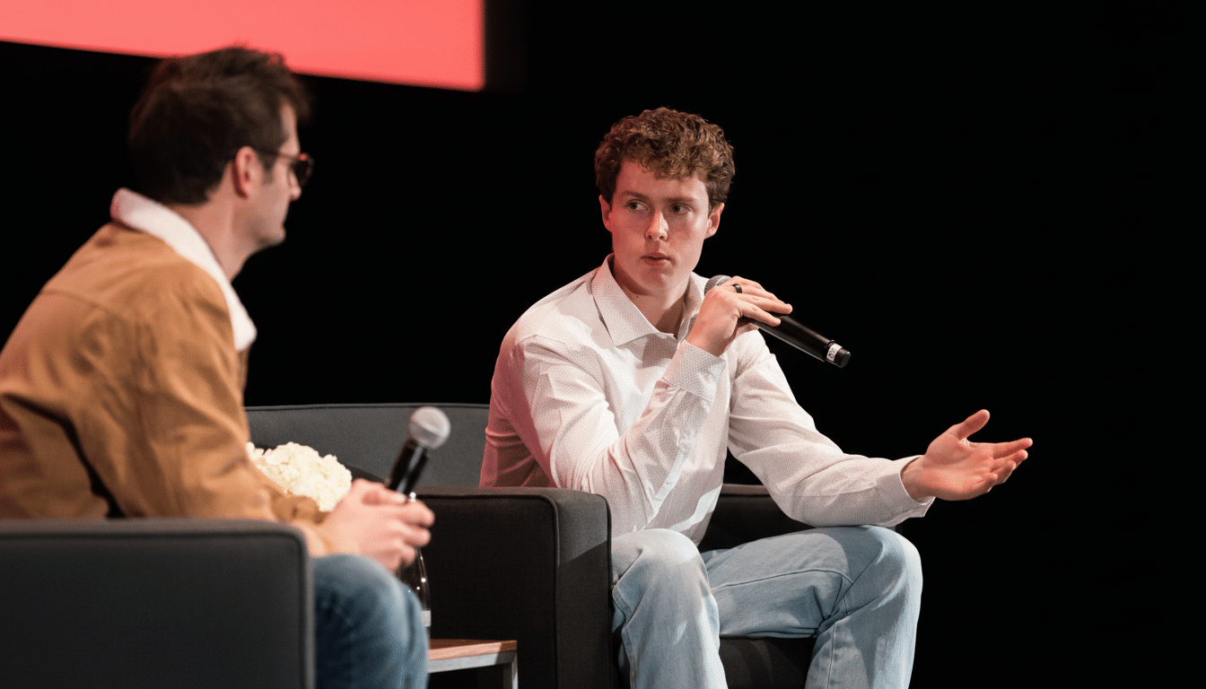 A young man with curly hair in a white shirt and light blue jeans sits on a dark gray couch, holding a microphone and gesturing with his left hand, while another man in a brown jacket sits beside him, partially visible .