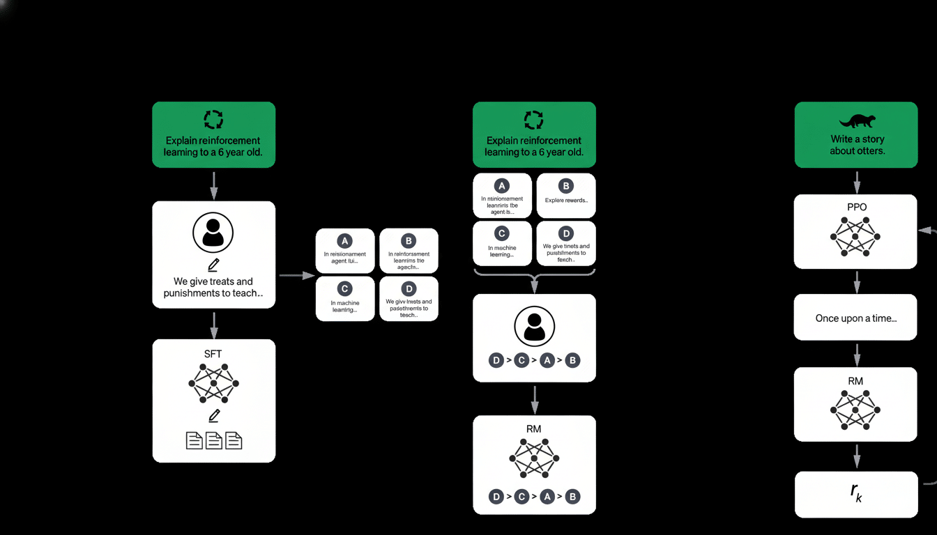Diagram illustrating three different machine learning processes: explaining reinforcement learning to a child, a more detailed explanation of reinforc