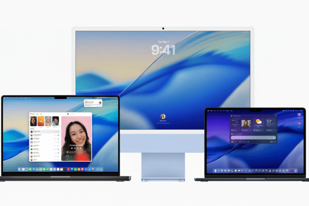 A professionally enhanced image showing an Apple iMac, MacBook Air, and MacBook Pro, all displaying different user interfaces. The iMac is in the center with a blue wavy wallpaper , showing the time 9:41 . To its left, a MacBook Pro displays a video call interface with a woman 's face prominent . To its right , a MacBook Air shows a dashboard with weather widgets .