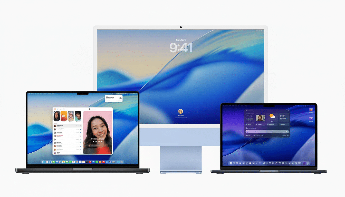 A professionally enhanced image showing an Apple iMac, MacBook Air, and MacBook Pro, all displaying different user interfaces. The iMac is in the center with a blue wavy wallpaper , showing the time 9:41 . To its left, a MacBook Pro displays a video call interface with a woman 's face prominent . To its right , a MacBook Air shows a dashboard with weather widgets .