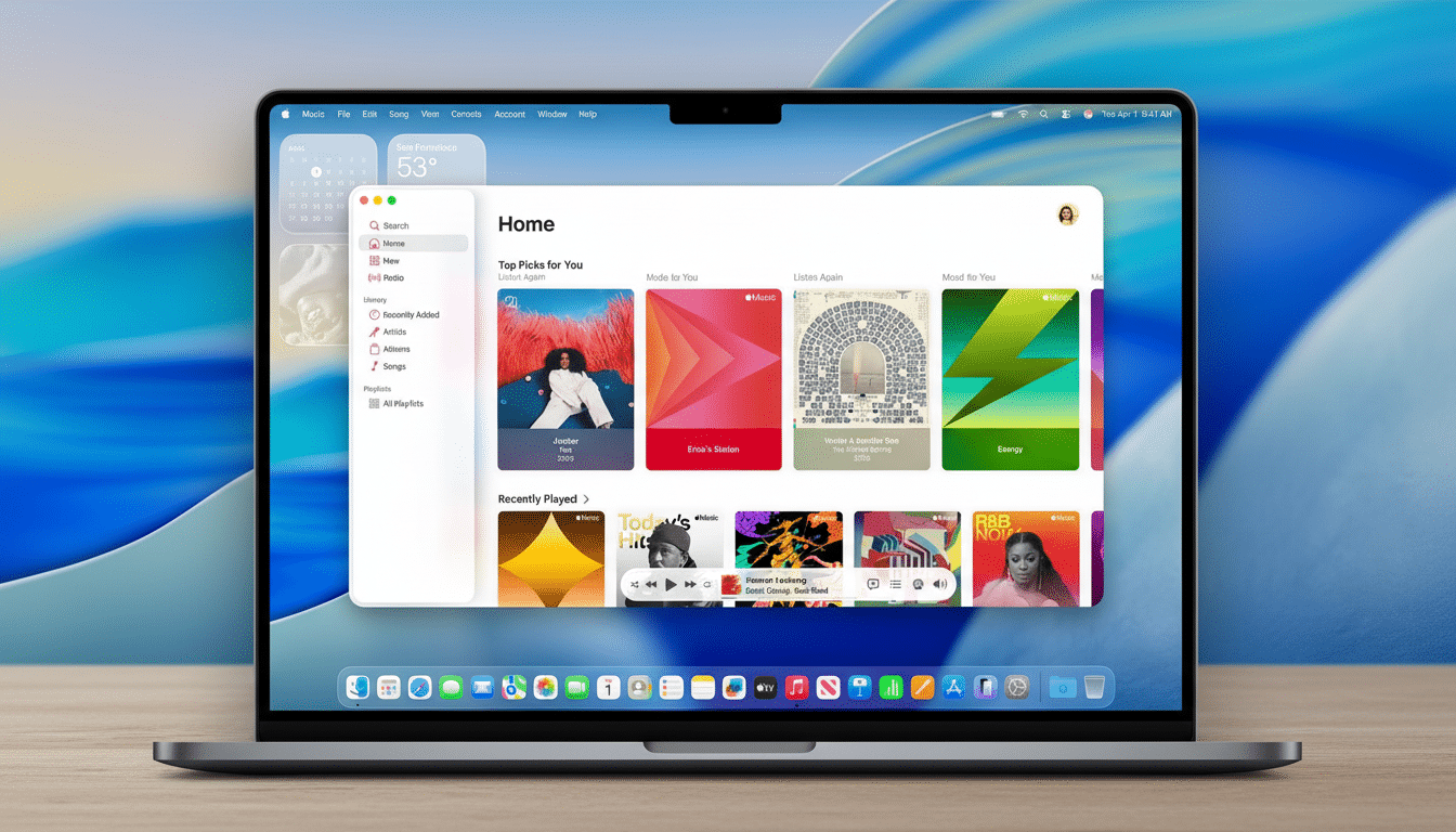 A MacBook Pro displaying the Apple Music interface , resized to a 1 6:9 aspect ratio. The screen shows the ' Home' section with various music recommendations and recently played tracks .