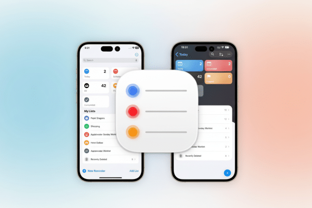 Two iPhones displaying the Apple Rem inders app, with one showing My Lists and the other showing a more compact view of Today, Scheduled, and Flagged reminders. A separate Rem inders app icon with three colored dots ( blue, red, orange) is floating in the foreground .