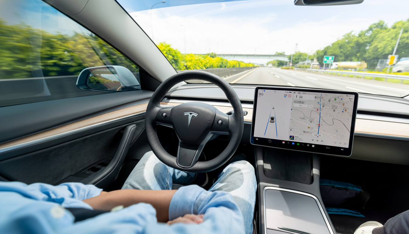 A person in a Tesla driving on a highway, with the cars navigation screen visible.