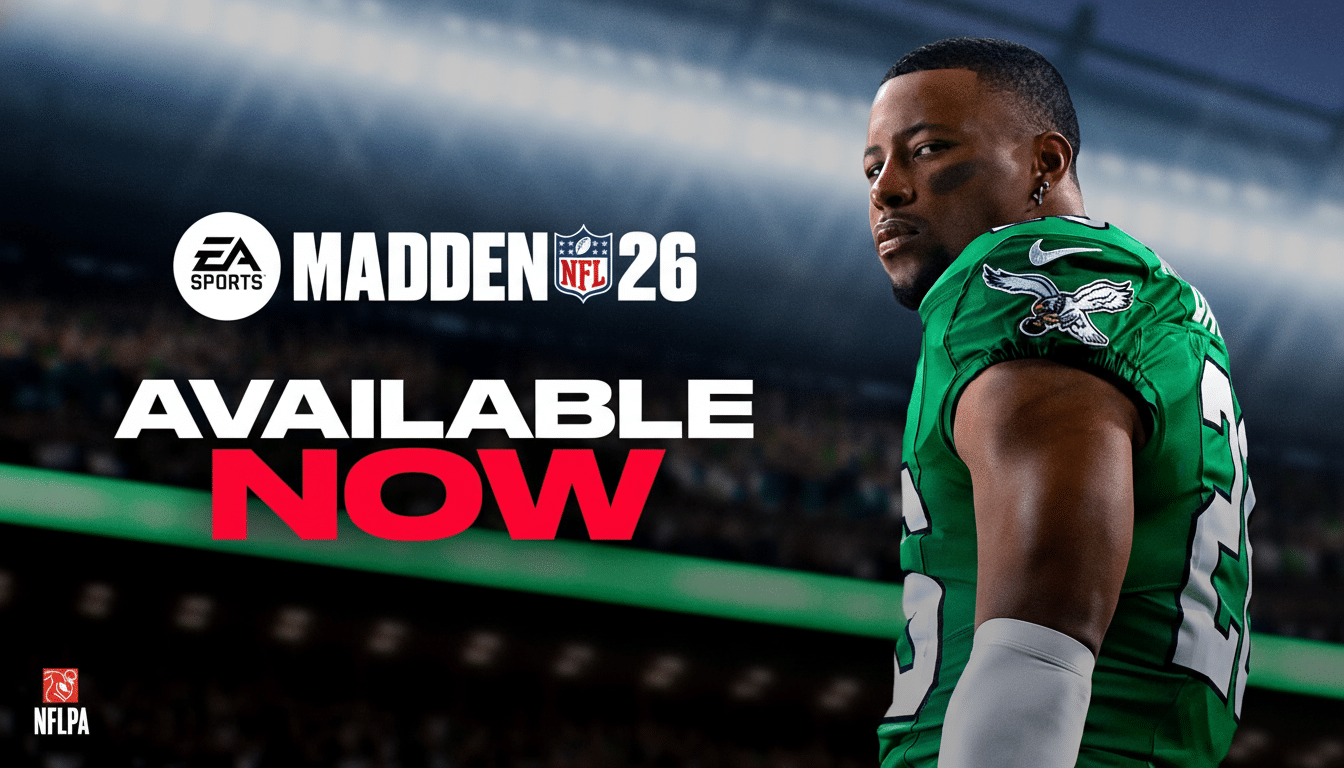 Madden NFL 26 game cover featuring a football player in a green jersey with AVAILABLE NOW text .