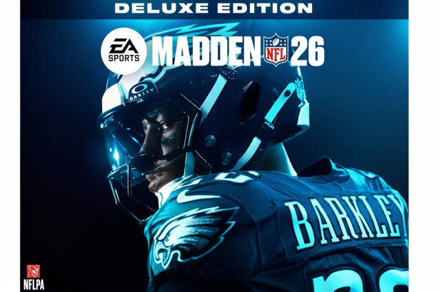 A professional , enhanced image of the Madden NFL 26 Deluxe Edition game cover, featuring a football player wearing a dark jersey with BARKLEY on the back and a helmet , set against a dark, glowing background. The image is resized to a 16 :9 aspect ratio .