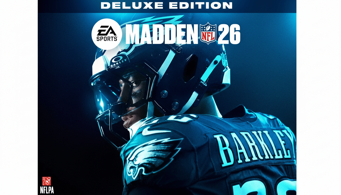 A professional , enhanced image of the Madden NFL 26 Deluxe Edition game cover, featuring a football player wearing a dark jersey with BARKLEY on the back and a helmet , set against a dark, glowing background. The image is resized to a 16 :9 aspect ratio .