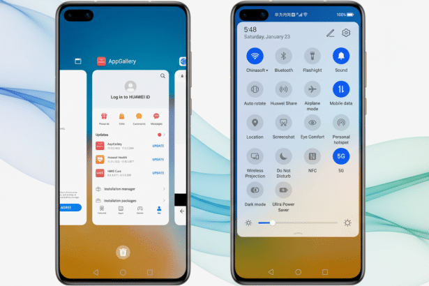A 16:9 aspect ratio image featuring two smartphones displaying different interfaces . The left phone shows a login screen for HUAWEI ID within the AppGallery, while the right phone displays the quick settings panel with various togg les like Wi-Fi, Bluetooth, mobile data , and 5G. The background is a professional flat design with soft blue and green wave patterns .