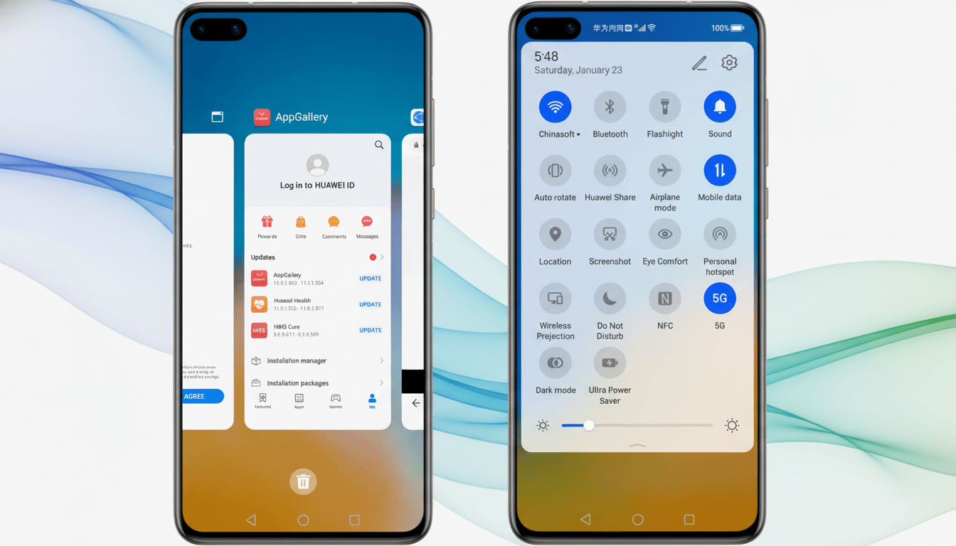 A 16:9 aspect ratio image featuring two smartphones displaying different interfaces . The left phone shows a login screen for HUAWEI ID within the AppGallery, while the right phone displays the quick settings panel with various togg les like Wi-Fi, Bluetooth, mobile data , and 5G. The background is a professional flat design with soft blue and green wave patterns .